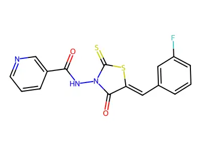 N-[(5Z)-5-[(3-fluorophenyl)methylidene]-4-oxo-2-sulfanylidene-1,3-thiazolidin-3-yl]pyridine-3-carboxamide structure
