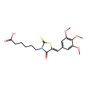 6-[(5E)-4-oxo-2-sulfanylidene-5-[(3,4,5-trimethoxyphenyl)methylidene]-1,3-thiazolidin-3-yl]hexanoic acid structure