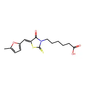 6-[(5E)-5-[(5-methylfuran-2-yl)methylidene]-4-oxo-2-sulfanylidene-1,3-thiazolidin-3-yl]hexanoic acid structure