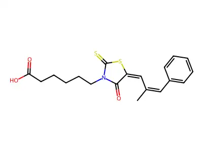 5-(2-Methyl-3-phenyl-2-propen-1-ylidene)-4-oxo-2-thioxo-3-thiazolidinehexanoic acid structure