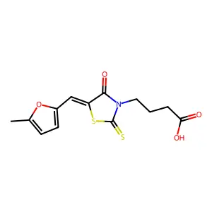 4-{(5Z)-5-[(5-methylfuran-2-yl)methylidene]-4-oxo-2-thioxo-1,3-thiazolidin-3-yl}butanoic acid structure