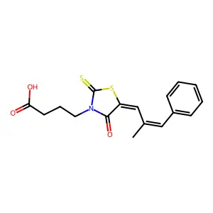 4-[(5Z)-5-[(2Z)-2-methyl-3-phenylprop-2-en-1-ylidene]-4-oxo-2-sulfanylidene-1,3-thiazolidin-3-yl]butanoic acid structure
