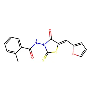 (E)-N-(5-(furan-2-ylmethylene)-4-oxo-2-thioxothiazolidin-3-yl)-2-methylbenzamide structure