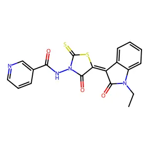 N-[(5Z)-5-(1-ethyl-2-oxo-1,2-dihydro-3H-indol-3-ylidene)-4-oxo-2-thioxo-1,3-thiazolidin-3-yl]nicotinamide structure