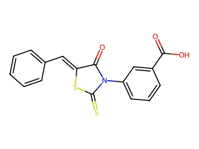 3-{4-Oxo-5-[1-phenyl-meth-(Z)-ylidene]-2-thioxo-thiazolidin-3-yl}-benzoic acid structure