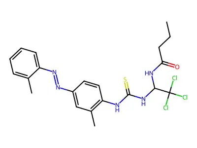 N-{2,2,2-trichloro-1-[({2-methyl-4-[(E)-(2-methylphenyl)diazenyl]phenyl}carbamothioyl)amino]ethyl}butanamide structure