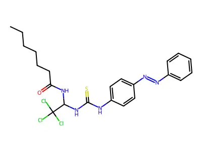 N-{2,2,2-trichloro-1-[({4-[(E)-phenyldiazenyl]phenyl}carbamothioyl)amino]ethyl}heptanamide structure