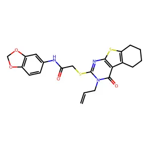 N-(2H-1,3-benzodioxol-5-yl)-2-{[3-oxo-4-(prop-2-en-1-yl)-8-thia-4,6-diazatricyclo[7.4.0.0^{2,7}]trideca-1(9),2(7),5-trien-5-yl]sulfanyl}acetamide structure