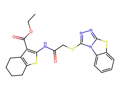 ethyl 2-(2-{7-thia-2,4,5-triazatricyclo[6.4.0.0^{2,6}]dodeca-1(8),3,5,9,11-pentaen-3-ylsulfanyl}acetamido)-4,5,6,7-tetrahydro-1-benzothiophene-3-carboxylate structure