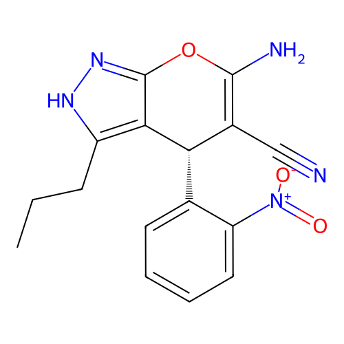 (4S)-6-amino-4-(2-nitrophenyl)-3-propyl-2,4-dihydropyrano[2,3-c]pyrazole-5-carbonitrile structure