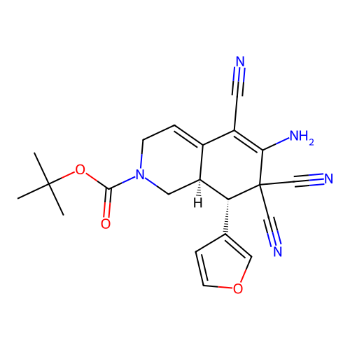 (8R,8aR)-tert-butyl 6-amino-5,7,7-tricyano-8-(furan-3-yl)-1,7,8,8a-tetrahydroisoquinoline-2(3H)-carboxylate structure