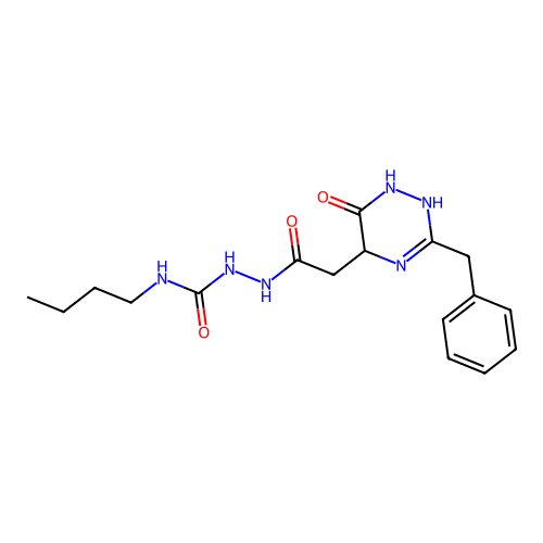 1-[[2-(3-benzyl-6-oxo-2,5-dihydro-1H-1,2,4-triazin-5-yl)acetyl]amino]-3-butylurea structure
