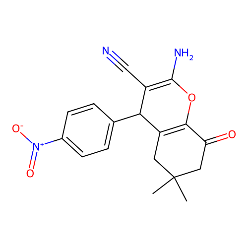 2-amino-6,6-dimethyl-4-(4-nitrophenyl)-8-oxo-5,7-dihydro-4H-chromene-3-carbonitrile structure