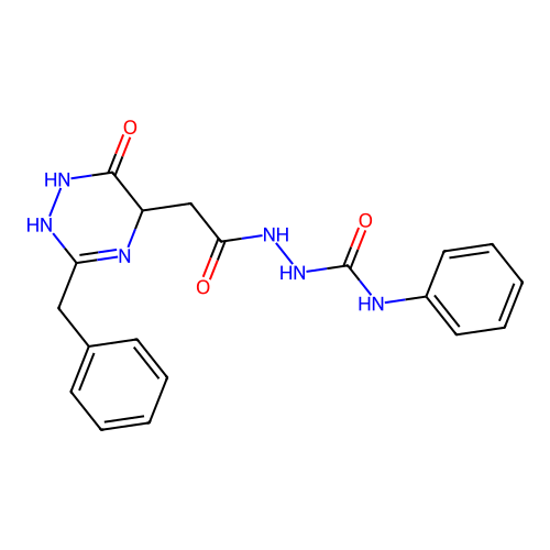 1-[[2-(3-benzyl-6-oxo-2,5-dihydro-1H-1,2,4-triazin-5-yl)acetyl]amino]-3-phenylurea structure