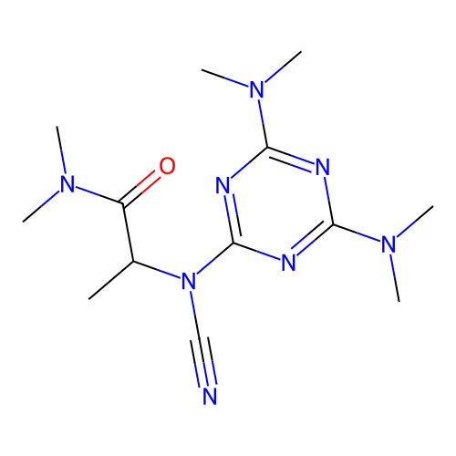 2-(N-(4,6-bis(dimethylamino)-1,3,5-triazin-2-yl)cyanamido)-N,N-dimethylpropanamide structure