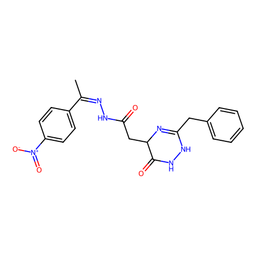 2-(3-benzyl-6-oxo-1,4,5,6-tetrahydro-1,2,4-triazin-5-yl)-N'-(1-(4-nitrophenyl)ethylidene)acetohydrazide structure