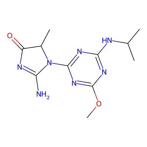 2-amino-1-[4-methoxy-6-(propan-2-ylamino)-1,3,5-triazin-2-yl]-5-methyl-5H-imidazol-4-one structure