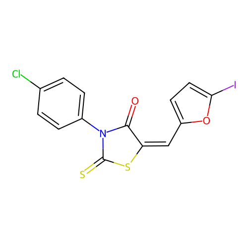(E)-3-(4-chlorophenyl)-5-((5-iodofuran-2-yl)methylene)-2-thioxothiazolidin-4-one structure