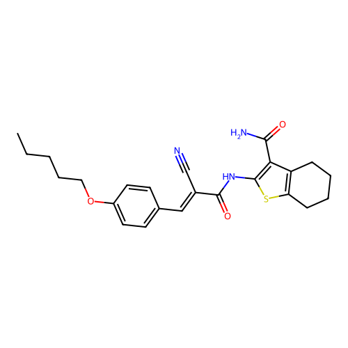 (E)-2-(2-cyano-3-(4-(pentyloxy)phenyl)acrylamido)-4,5,6,7-tetrahydrobenzo[b]thiophene-3-carboxamide structure