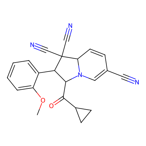 3-(cyclopropanecarbonyl)-2-(2-methoxyphenyl)-2,3-dihydroindolizine-1,1,6(8aH)-tricarbonitrile structure