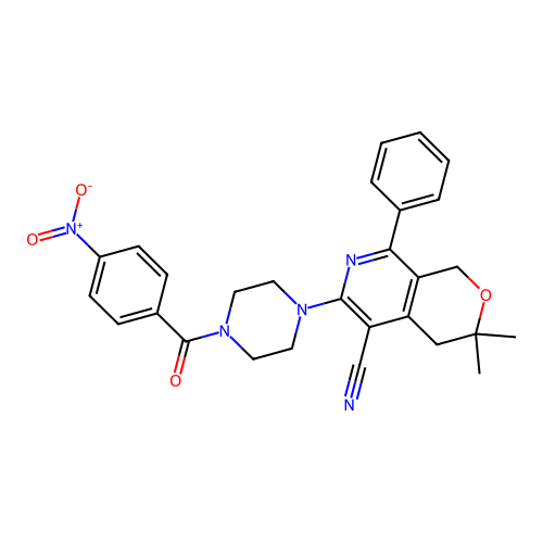 3,3-dimethyl-6-(4-(4-nitrobenzoyl)piperazin-1-yl)-8-phenyl-3,4-dihydro-1H-pyrano[3,4-c]pyridine-5-carbonitrile structure