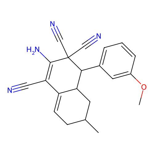 2-amino-4-(3-methoxyphenyl)-6-methyl-4a,5,6,7-tetrahydro-4H-naphthalene-1,3,3-tricarbonitrile structure