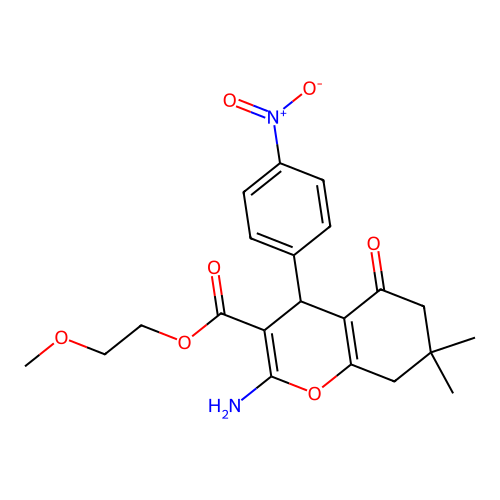 2-methoxyethyl 2-amino-7,7-dimethyl-4-(4-nitrophenyl)-5-oxo-5,6,7,8-tetrahydro-4H-chromene-3-carboxylate structure