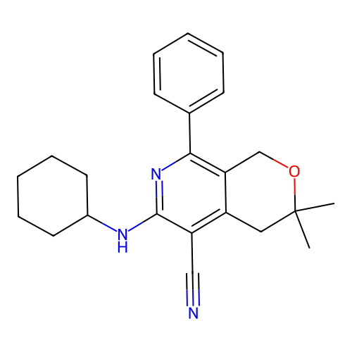 6-(cyclohexylamino)-3,3-dimethyl-8-phenyl-3,4-dihydro-1H-pyrano[3,4-c]pyridine-5-carbonitrile structure