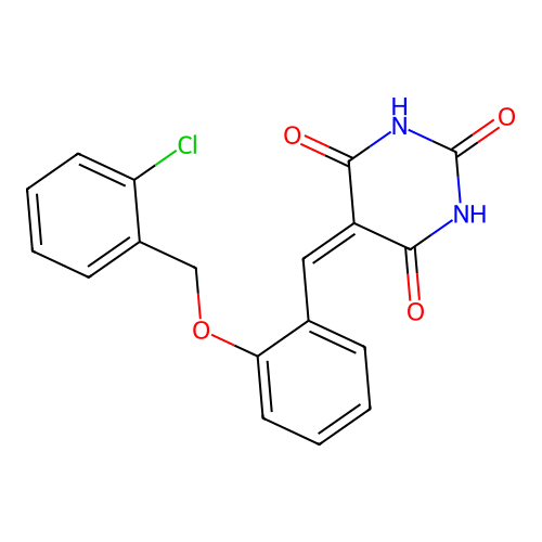 5-{2-[(2-chlorobenzyl)oxy]benzylidene}pyrimidine-2,4,6(1H,3H,5H)-trione structure