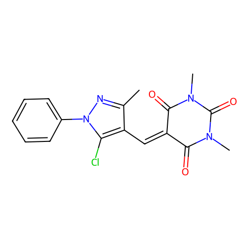 5-[(5-chloro-3-methyl-1-phenyl-1H-pyrazol-4-yl)methylene]-1,3-dimethyl-2,4,6(1H,3H,5H)-pyrimidinetrione structure