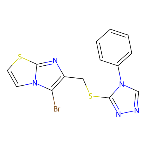 5-bromo-6-(((4-phenyl-4H-1,2,4-triazol-3-yl)thio)methyl)imidazo[2,1-b]thiazole structure