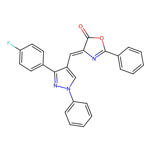 (4Z)-4-{[3-(4-fluorophenyl)-1-phenyl-1H-pyrazol-4-yl]methylidene}-2-phenyl-4,5-dihydro-1,3-oxazol-5-one structure