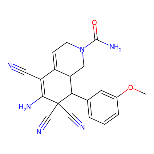 6-amino-5,7,7-tricyano-8-(3-methoxyphenyl)-1,3,8,8a-tetrahydroisoquinoline-2-carboxamide structure