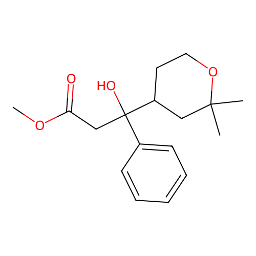 methyl 3-(2,2-dimethyltetrahydro-2H-pyran-4-yl)-3-hydroxy-3-phenylpropanoate structure