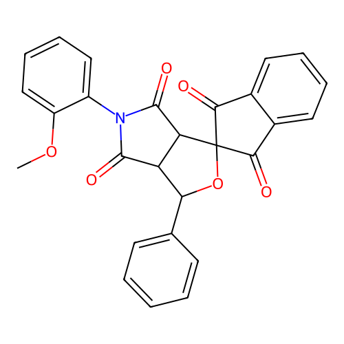 3-(2-methoxyphenyl)-6-phenyl-spiro[7-oxa-3-azabicyclo[3.3.0]octane-8,2'-indene]-1',2,3',4-tetrone structure