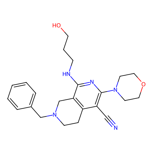 7-benzyl-1-(3-hydroxypropylamino)-3-morpholin-4-yl-6,8-dihydro-5H-2,7-naphthyridine-4-carbonitrile structure