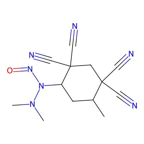 N',N'-dimethyl-N-(2,2,4,4-tetracyano-5-methylcyclohexyl)nitrous hydrazide structure