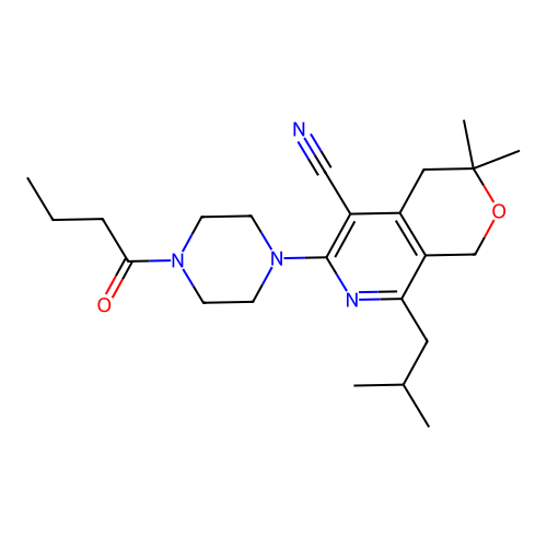 6-(4-butanoylpiperazin-1-yl)-3,3-dimethyl-8-(2-methylpropyl)-1,4-dihydropyrano[3,4-c]pyridine-5-carbonitrile structure