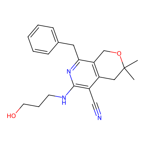 8-benzyl-6-((3-hydroxypropyl)amino)-3,3-dimethyl-3,4-dihydro-1H-pyrano[3,4-c]pyridine-5-carbonitrile structure