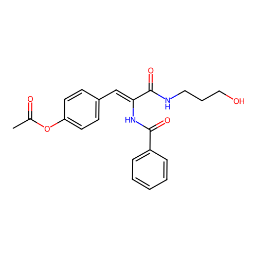 (Z)-4-(2-benzamido-3-((3-hydroxypropyl)amino)-3-oxoprop-1-en-1-yl)phenyl acetate structure