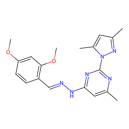 4-[(2E)-2-(2,4-dimethoxybenzylidene)hydrazinyl]-2-(3,5-dimethyl-1H-pyrazol-1-yl)-6-methylpyrimidine structure