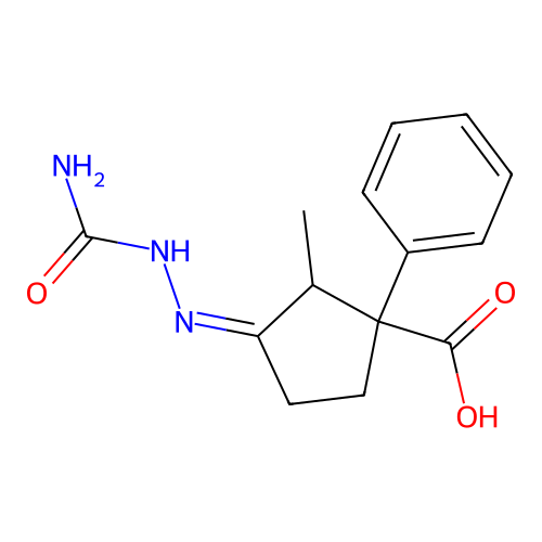 (3Z)-3-(2-carbamoylhydrazinylidene)-2-methyl-1-phenylcyclopentanecarboxylic acid structure