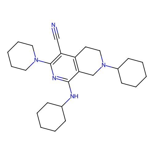7-cyclohexyl-1-(cyclohexylamino)-3-(piperidin-1-yl)-5,6,7,8-tetrahydro-2,7-naphthyridine-4-carbonitrile structure