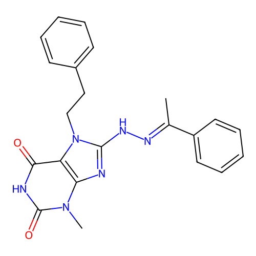 3-methyl-7-(2-phenylethyl)-8-[(2E)-2-(1-phenylethylidene)hydrazinyl]-3,7-dihydro-1H-purine-2,6-dione structure
