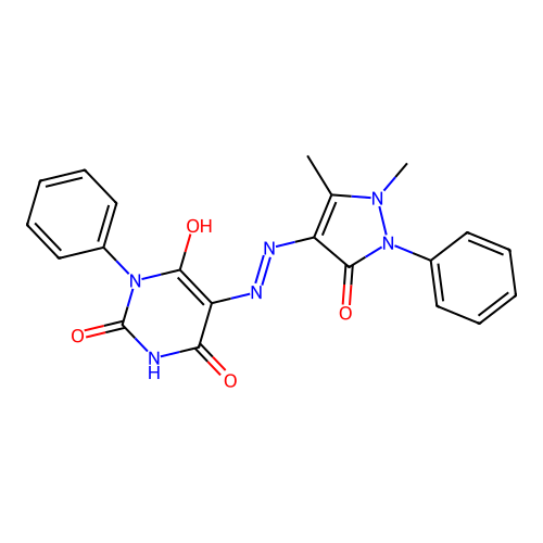 (5Z)-5-[2-(1,5-dimethyl-3-oxo-2-phenyl-2,3-dihydro-1H-pyrazol-4-yl)hydrazinylidene]-1-phenylpyrimidine-2,4,6(1H,3H,5H)-trione structure
