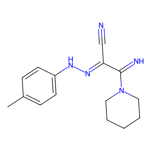 (1E)-2-imino-N-(4-methylanilino)-2-piperidin-1-ylethanimidoyl cyanide structure