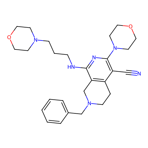 7-benzyl-3-(morpholin-4-yl)-1-{[3-(morpholin-4-yl)propyl]amino}-5,6,7,8-tetrahydro-2,7-naphthyridine-4-carbonitrile structure