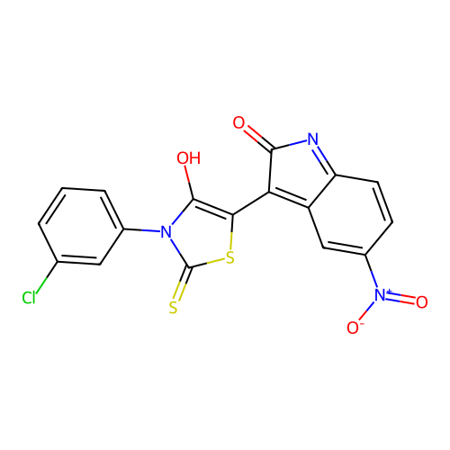 (3Z)-3-[3-(3-chlorophenyl)-4-oxo-2-thioxo-1,3-thiazolidin-5-ylidene]-5-nitro-1,3-dihydro-2H-indol-2-one structure