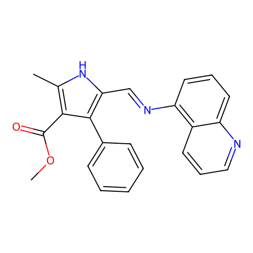 (E)-methyl 2-methyl-4-phenyl-5-((quinolin-5-ylimino)methyl)-1H-pyrrole-3-carboxylate structure
