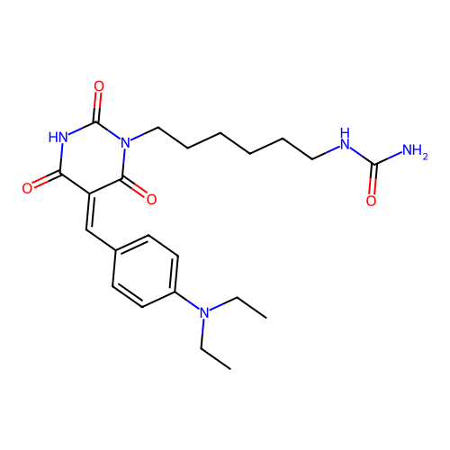 (Z)-1-(6-(5-(4-(diethylamino)benzylidene)-2,4,6-trioxotetrahydropyrimidin-1(2H)-yl)hexyl)urea structure
